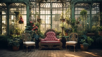 Create an antique mockup of a poster frame in a Victorian-era greenhouse with ornate wrought-iron furniture. - obrazy, fototapety, plakaty