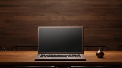 Fototapeta premium a breathtaking view of a laptop's blank screen in close-up, set atop a beautifully crafted wooden table, elegantly complemented by the woman's poised interaction