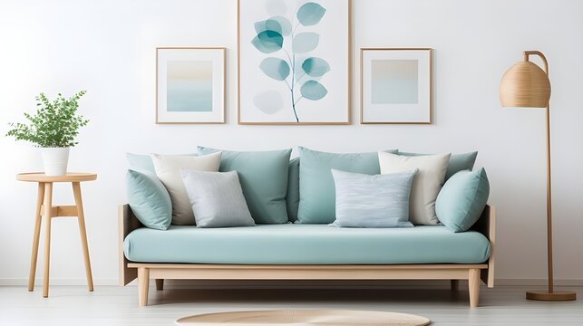 Teal curved sofa with white pillows against white wall with poster. Scandinavian style home interior design of modern living room. Generate AI