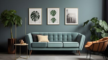 Teal sofa and armchair against grey wall with three art posters. Scandinavian style home interior design of modern living room. Generate AI