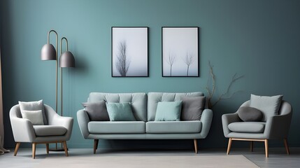 Teal sofa and armchair against grey wall with three art posters. Scandinavian style home interior design of modern living room. Generate AI