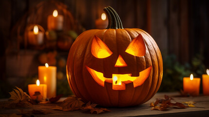 Fototapeta premium October Night Horror: A Close-up of a Sinister Carved Halloween Pumpkin Lantern in Autumnal Celebration