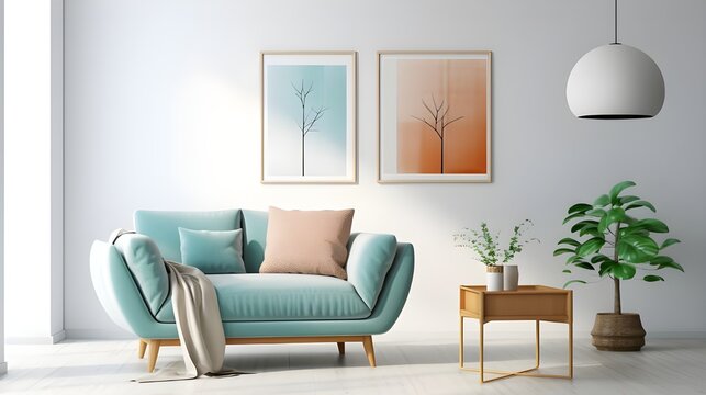 Teal sofa and terra cotta armchair against white wall with art posters. Scandinavian style home interior design of modern living room. Generate AI