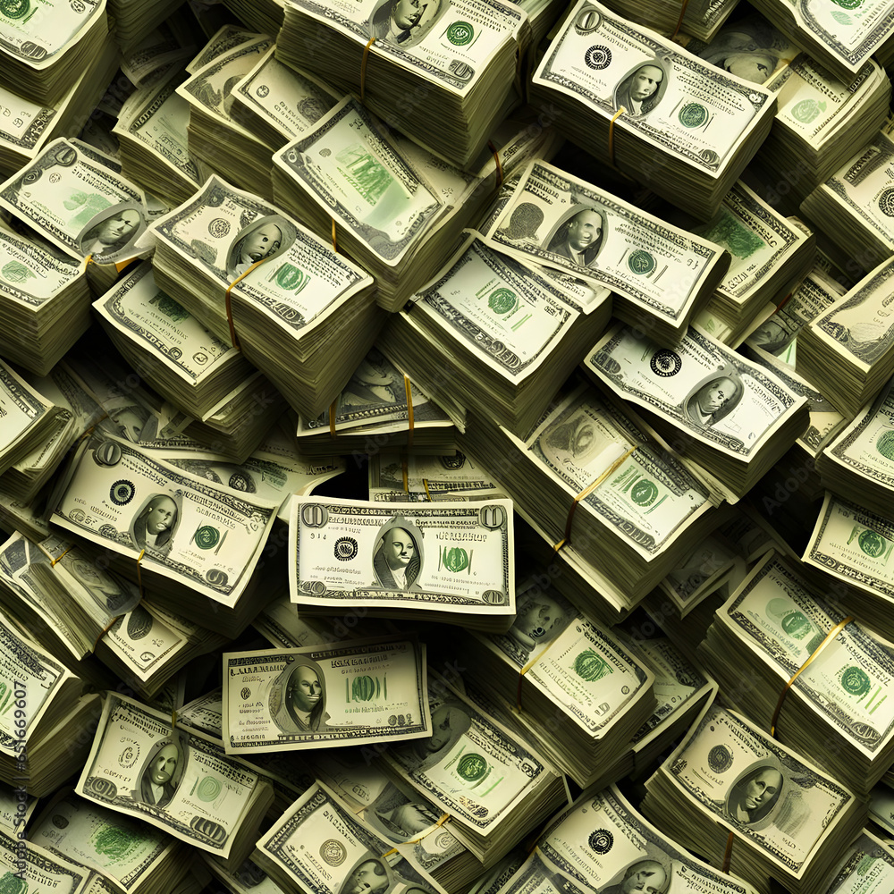 Poster large stack of us dollars arranged erratically on a table close-up