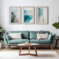 Teal sofa chairs against white wall with art poster. Scandinavian, mid-century style home interior design of modern living room. Generate AI