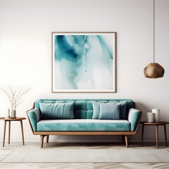 Teal sofa chairs against white wall with art poster. Scandinavian, mid-century style home interior design of modern living room. Generate AI
