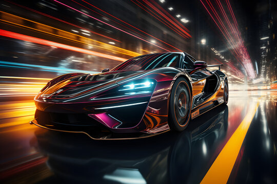Drawing of a futuristic race car at night is a perfect blend of realism and surrealism. Race cars are drawn in a hyperrealist style that emphasizes realism in every detail. From the bright neon lights