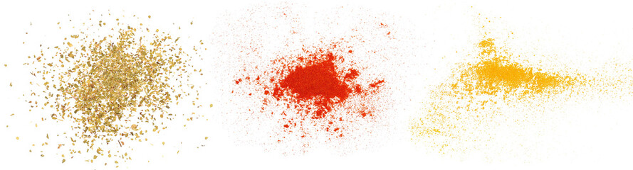 Set dried oregano leaves, red paprika powder and turmeric scattered powder pile isolated on white, top view - obrazy, fototapety, plakaty