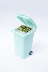 A bin filled with materials that comprise green waste, such as kitchen food wastes and plant...