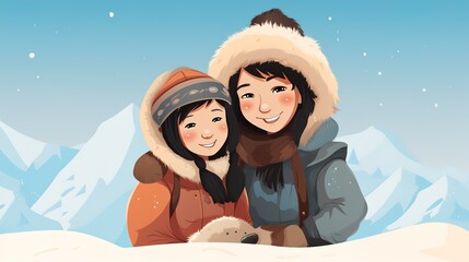 Mom and daughter in a warm fur Eskimo jacket and hood close-up against the backdrop of winter mountains
