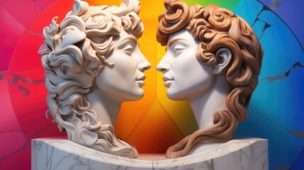 Obraz premium Two marble heads of statue devoid of excess detail, come together against a colorful rainbow backdrop, reflecting the principles of the LGBTQ+ movement.