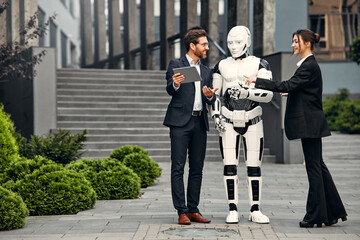 Robot with businessmen on the street near the building