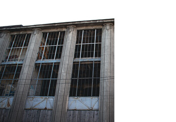 Abandoned factory on transparent background. Old city building photography.
