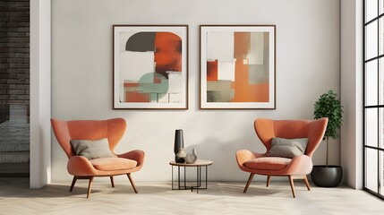 Two terra cotta armchairs against concrete wall with big abstract art poster. Scandinavian, mid-century style home interior design of modern living room. Generate AI