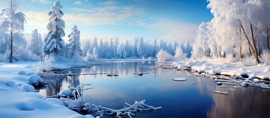 Winter panoramic landscape, river and snowy trees with blue sky. Romantic outdoor scene for cold season. Water stream, lake framed with frosted, snowy shores.