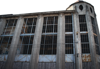 Abandoned factory on transparent background. Old city building photography.