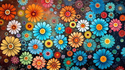 Colorful background of drawn bright flowers.