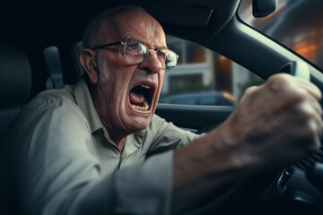 Intense Moments: Elderly Man Exhibits Frustration and Ire as He Drives Amidst Dense Traffic, Raising His Voice in Discontent, Overwhelmed by Road Rage. - obrazy, fototapety, plakaty
