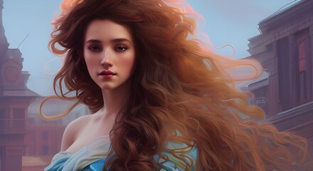 Portrait of a woman with long flowing curly red hair in a city environment.