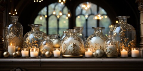 Fototapeta na wymiar Holiday decor, vases, candles, ornaments