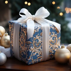 Beautifully wrapped gift with blue and gold paper and white ribbon surrounded by pearl white holiday ornaments