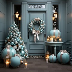 Front door and porch in light blue with Christmas or holiday decor ornaments and trees
