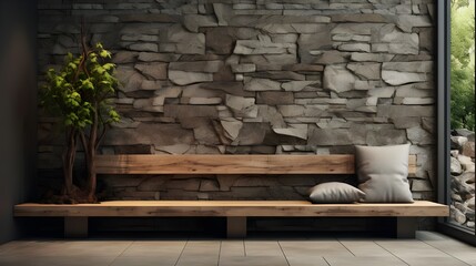 Wild stone cladding wall and wooden bench. Decorative tree trunks composition in minimalist style interior design of modern entrance hal. Generate AI - obrazy, fototapety, plakaty