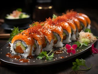 Fotobehang Sushi and fried garlic shrimps, prawn on a stone plate with black background © duyina1990