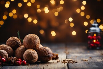 Christmas nutmeg with cinnamon and spice on a wooden table, background with bokeh and lights