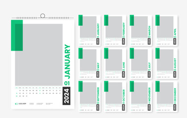 2024 wall calendar template design, 12-page modern print-ready calendar layout template