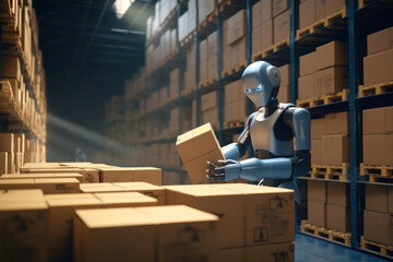 Revolution in Logistics: Humanoid Robot Demonstrates Advanced Capabilities by Efficiently Organizing Boxes in a High-Tech Warehouse Setting for Optimal Operations.