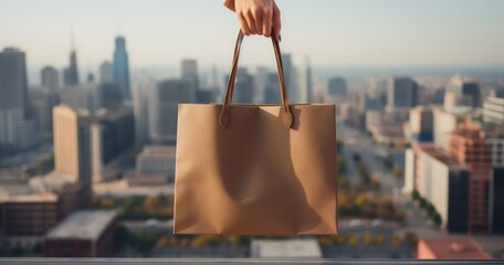Hands holding a stylish shopping bag with a chic design, against a city backdrop