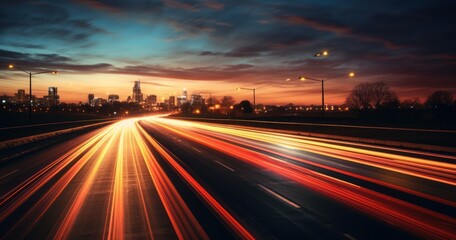 Obraz premium Cars leaving streaks of light on a busy highway, captured with long exposure