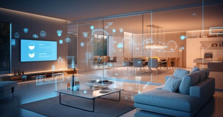 Modern living room showcasing various smart home devices