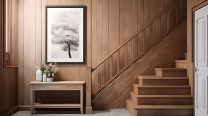 Wooden staircase and lining paneling wall in scandavian style hallway with marble art poster frame. Interior design of modern rustic entrance hall with door in farmhouse. Generate AI