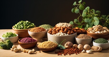 Variety of plant-based protein sources including lentils, tofu, and nuts
