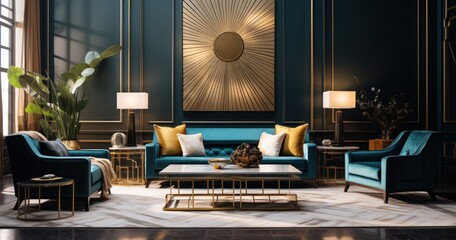 Luxurious living room boasting art deco designs, with geometric patterns and sleek furnishings