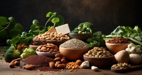 Variety of plant-based protein sources including lentils, tofu, and nuts - obrazy, fototapety, plakaty