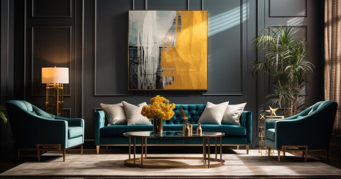 Naklejki Luxurious living room boasting art deco designs, with geometric patterns and sleek furnishings