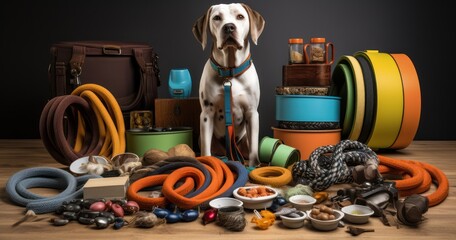 Variety of pet supplies like leashes, toys, and food bowls