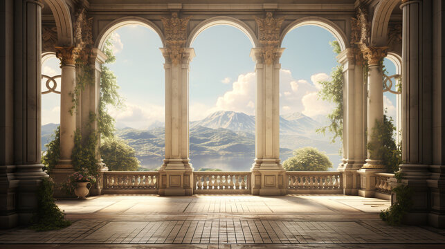 A room with columns and a large window.ai generative