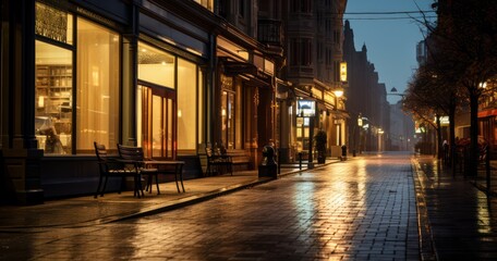 Fototapeta premium Evening city streets bathed in the ambient light from shop windows and street lamps