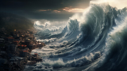 a huge tsunami is approaching the city.ai generative
