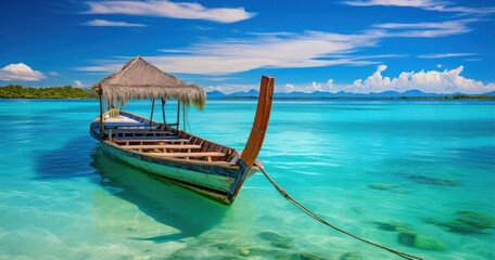 Fototapeta na wymiar Traditional boat floats on crystal clear waters, with overwater bungalows in the distance
