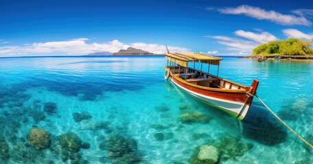 Traditional boat floats on crystal clear waters, with overwater bungalows in the distance