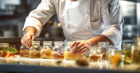 Chef meticulously preparing a gourmet breakfast spread in a luxurious hotel kitchen