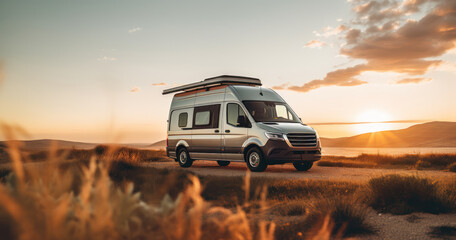 Minimalist van converted into a mobile home, parked amidst nature showcasing a life on the road