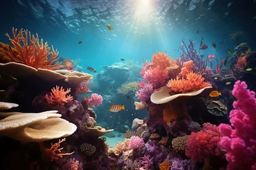 Poster Vibrant coral reef underwater, Underwater Wonders, Coral Paradises, Marine Biodiversity, Ocean Exploration, Aquatic Beauty, Undersea Photography © Leoarts