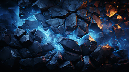 texture background of a rock with glowing neon cracks in the stones. ai generative