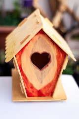Wooden DIY bird house with a heart-shaped door